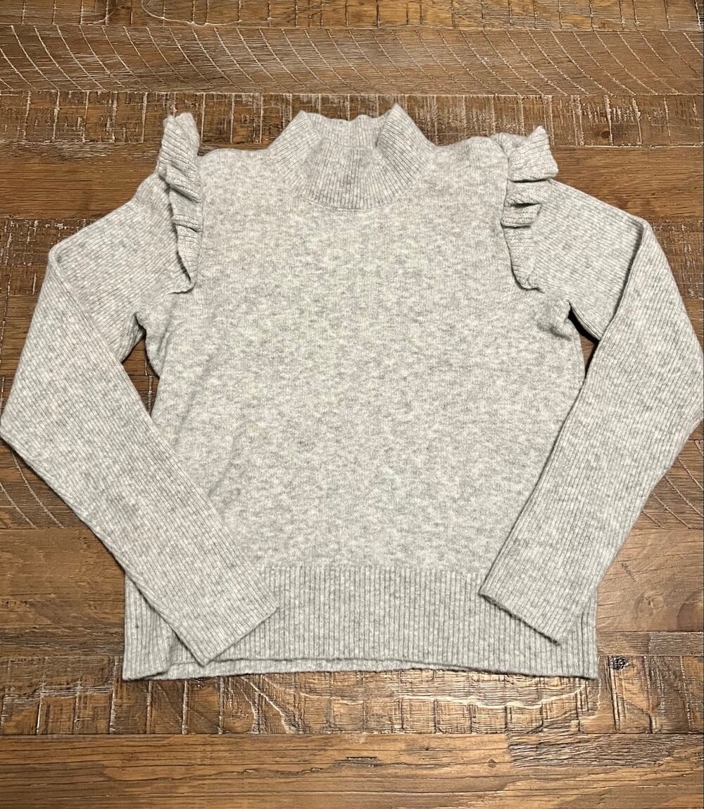 LOFT Gray Ruffle-Shoulder Mock-Neck Knit Sweater Size XS Statement Top